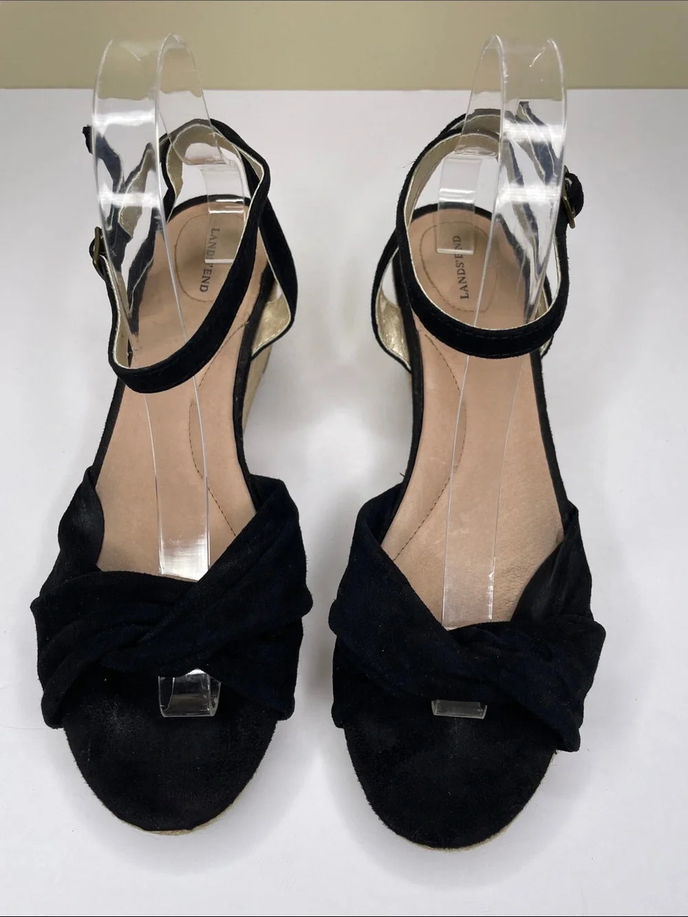 LANDS’ END Leather Suede Black Wedge Espadrille Knotted Sandals 412747 Size 9B